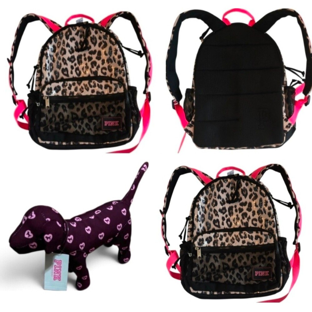 2pc VICTORIA SECRET PINK LEOPARD SEQUIN BACKPACK SCHOOL BAG LAPTOP mini dog NEW